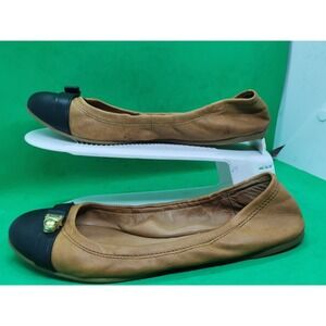 Coach Delphine Tan/ Black Leather Cap Toe Ballet Flats Signature Buckle 8.5 B